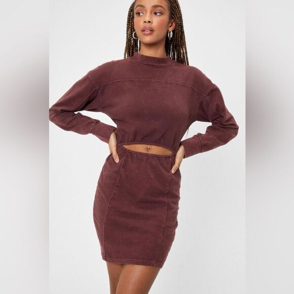Nasty Gal Cut Out Fitted Sweatshirt Dress Size 2 Chocolate - Picture 3 of 16